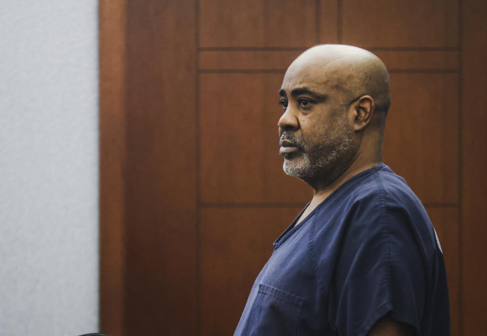 Duane “Keffe D” Davis, who is accused of orchestrating the 1996 slaying of hip-hop music icon Tupac Shakur, appears in court for a hearing at the Regional Justice Center in Las Vegas, Tuesday, Jan. 9, 2024. (Rachel Aston/Las Vegas Review-Journal via AP, Pool)