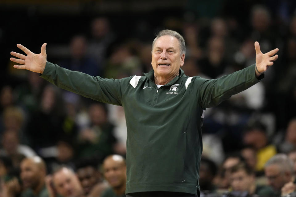 FILE - Michigan State head coach Tom Izzo reacts to a call during overtime in an NCAA college basketball game against Iowa, Saturday, Feb. 25, 2023, in Iowa City, Iowa. The Spartans face Southern California in the first round of the NCAA Tournament. (AP Photo/Charlie Neibergall, File)