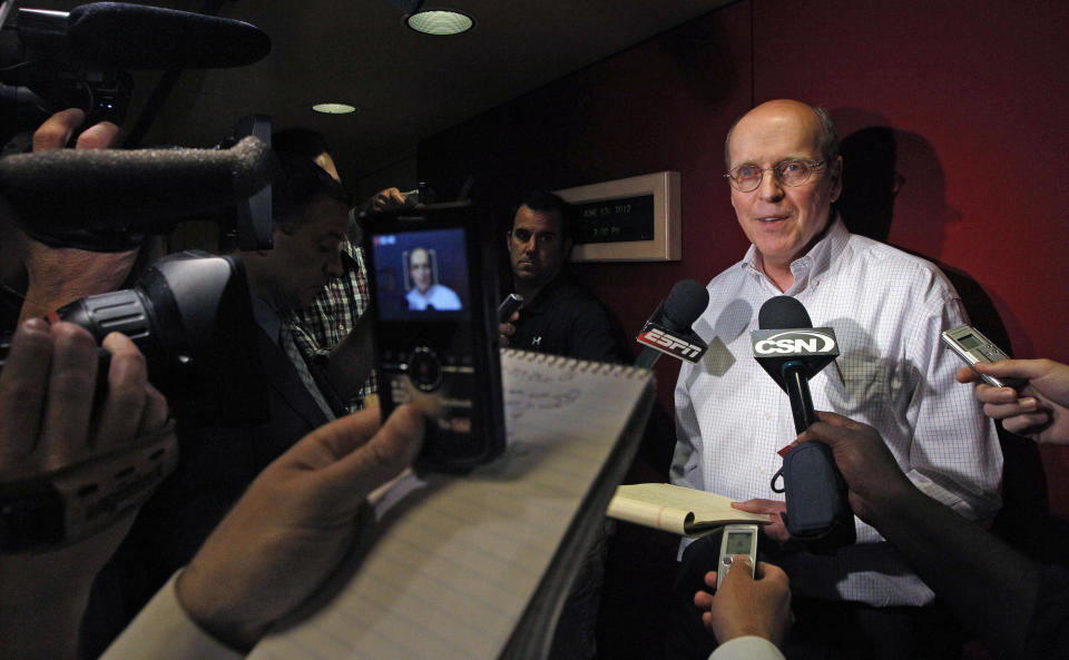 Bowl Championship Series Director Bill Hancock speaks during a news conference after a meeting of the BCS commissioners, Wednesday, June 13, 2012, in Chicago as they try to decide on a new format for the BCS series. Hancock said the group continues to make progress in the discussion of the future of college football's post-season. (AP Photo/M. Spencer Green)