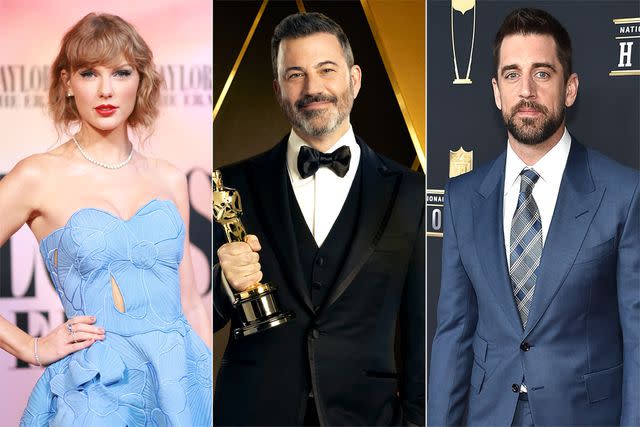 <p>Matt Winkelmeyer/Getty Images; Matt Sayles/ABC via Getty Images; Kevin Mazur/Getty Images</p> Taylor Swift, Jimmy Kimmel, and Aaron Rodgers