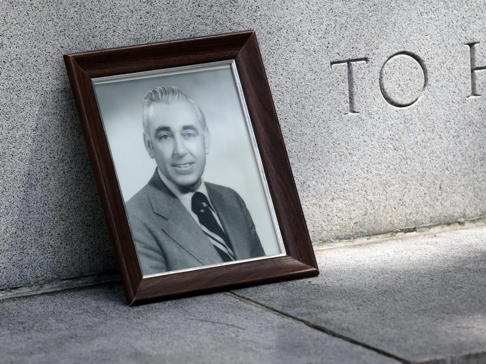 The late James Russo was the model for the baby in the Maine Sailors and Soldiers Memorial in Kittery, Maine, seen here Wednesday, July 27, 2022.