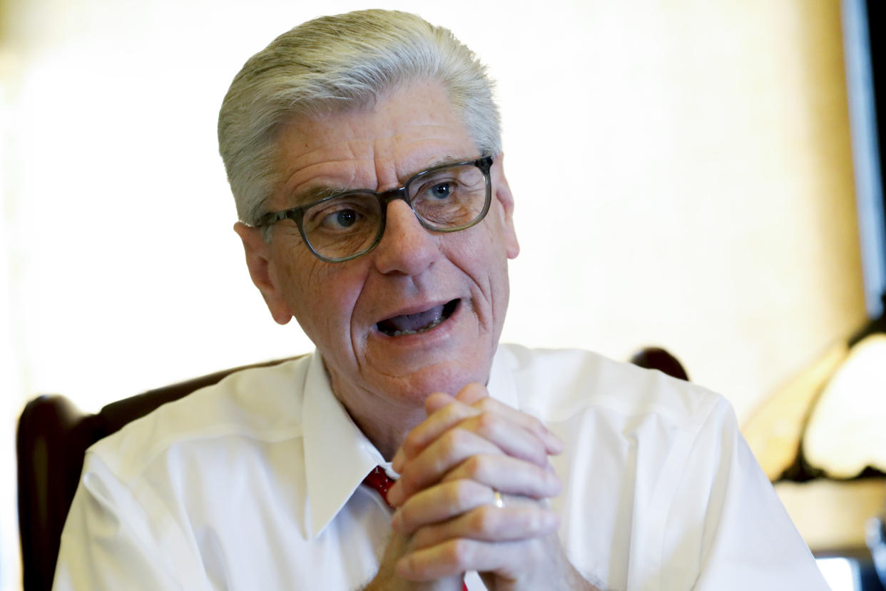 FILE - Mississippi Republican Gov. Phil Bryant speaks about his legacy following a life of public service in his office at the state Capitol in Jackson, Miss., Jan. 8, 2020. A defendant in a Mississippi welfare fraud case said in a court document in 2022 that she directed $1.1 million in welfare money to retired NFL star Brett Favre at the direction of Bryant. Bryant, who served two terms as governor, has denied the accusation. (AP Photo/Rogelio V. Solis, File)