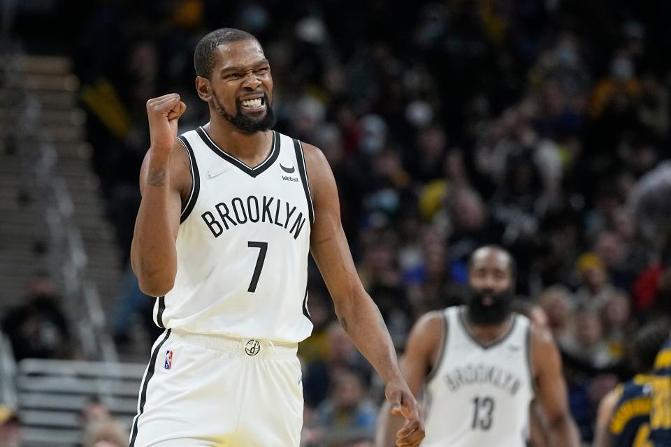 FILE - Brooklyn Nets' Kevin Durant reacts during the second half of an NBA basketball game against the Indiana Pacers, Wednesday, Jan. 5, 2022, in Indianapolis. Kevin Durant has requested a trade from the Brooklyn Nets, according to a person with direct knowledge of the seismic decision that undoubtedly will have teams scrambling to put together enormous offers for the perennial All-Star. (AP Photo/Darron Cummings, File)