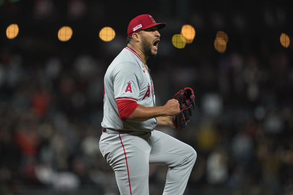 Los Angeles Angels pitcher Carlos Estévez reacts after striking out San Francisco Giants' Michael Conforto to end the baseball game Friday, June 14, 2024, in San Francisco. (AP Photo/Godofredo A. Vásquez)