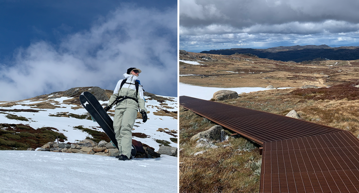 Left - Alex Parsons and her board on Mount Kosciuszko. Right - low snow fall around a walking track at Mount Kosciuszko.