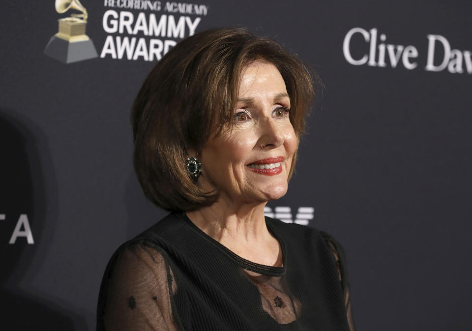 Speaker of the House Nancy Pelosi arrives at the Pre-Grammy Gala And Salute To Industry Icons at the Beverly Hilton Hotel on Saturday, Jan. 25, 2020, in Beverly Hills, Calif. (Photo by Mark Von Holden/Invision/AP)