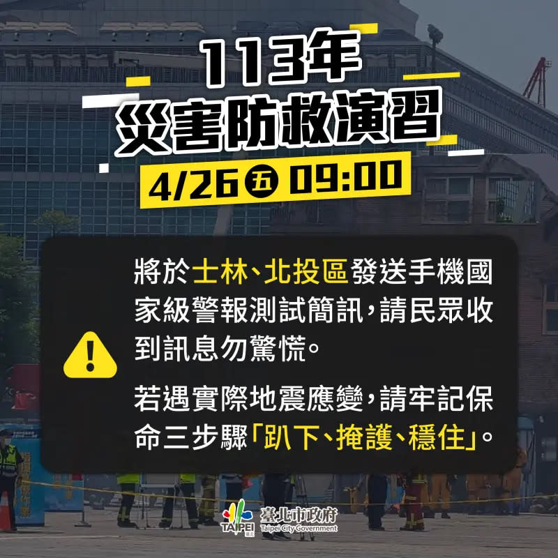 ▲北市政26日上午9時，針對士林區、北投區發放手機國家級警報測試。(圖／北市府提供)