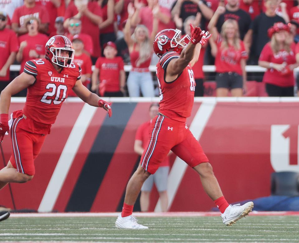 Utah Utes defensive end Jonah Elliss (83) celebrates a sack against the Florida Gators in Salt Lake City on Thursday, Aug. 31, 2023 during the season opener. Utah won 24-11. | Jeffrey D. Allred, Deseret News