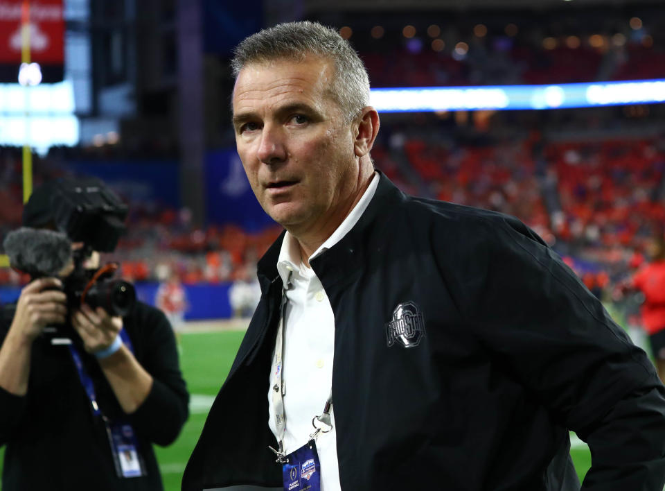 Dec 28, 2019; Glendale, AZ, USA; Ohio State Buckeyes former head coach Urban Meyer before the 2019 Fiesta Bowl college football playoff semifinal game against the Clemson Tigers at State Farm Stadium. Mandatory Credit: Matthew Emmons-USA TODAY Sports