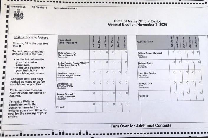 This absentee ballot for the 2020 Maine general election, photographed on Thursday, Oct. 22, 2020 in Falmouth, Maine, shows how Maine voters are allowed to rank presidential and senate candidates in order of ranked choice preference. (David Sharp/AP)
