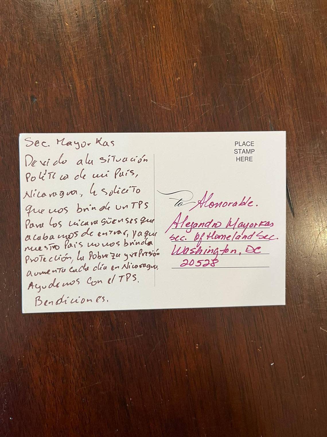 One of the postcards from a South Florida campaign asking Department of Homeland Secretary Alejandro Mayorkas to grant Temporary Protected Status, a form of immigration relief, to Nicaragua and other Central American nations.