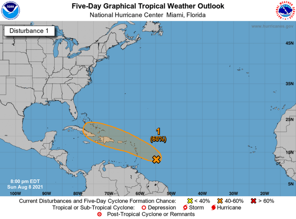 Disturbance 1 was located 400 miles east-southeast of the Leeward Islands as of the National Hurricane Center’s 8 p.m. advisory.