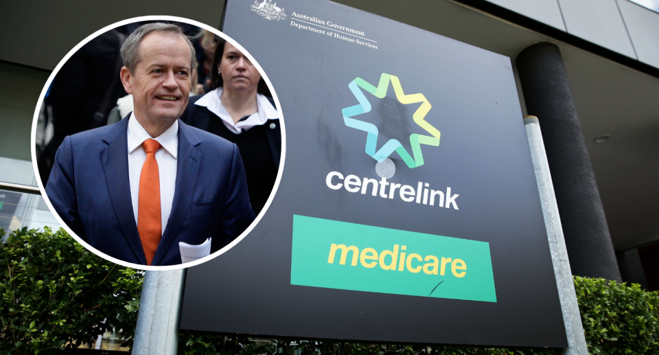 Insert of Government services minister Bill Shorten next to Centrelink and Medicare sign
