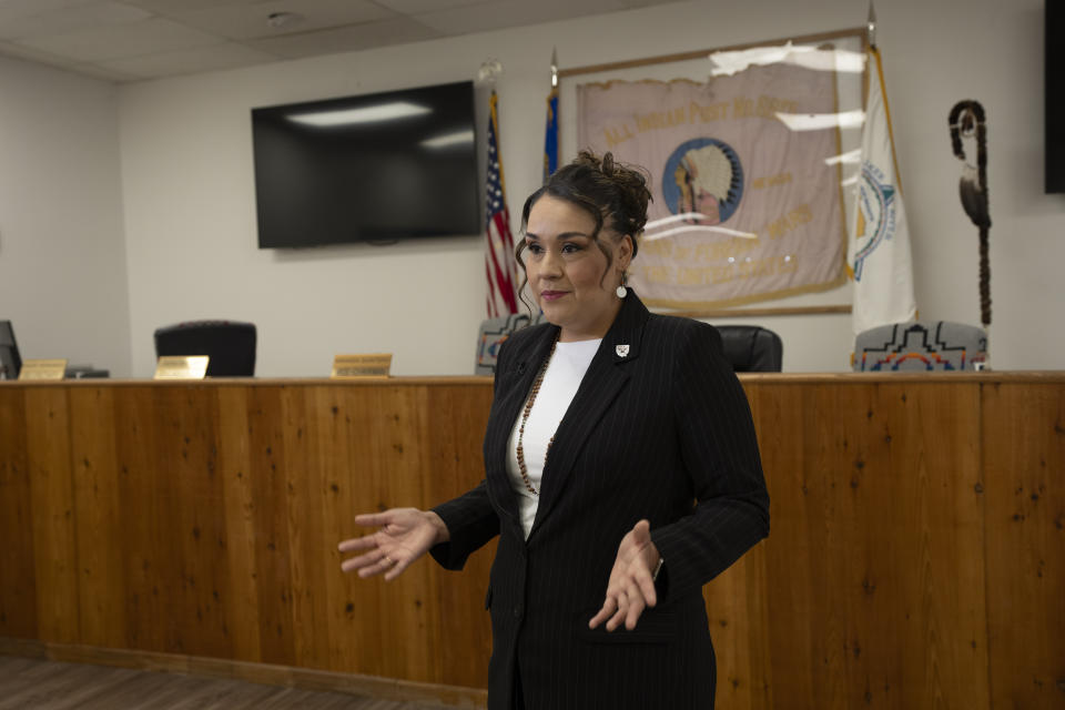 Andrea Martinez, chairwoman of the Walker River Paiute Tribe reservation speaks during an interview with The Associated Press at the Walker River reservation in Nev., Tuesday, May 14, 2024. The use of electronic balloting has been quietly expanding in recent years to cover the disabled and, in Nevada this year, Native American tribes. Election security experts are warning of the risk that ballots submitted on a computer can be digitally intercepted or manipulated. (AP Photo/Serkan Gurbuz)