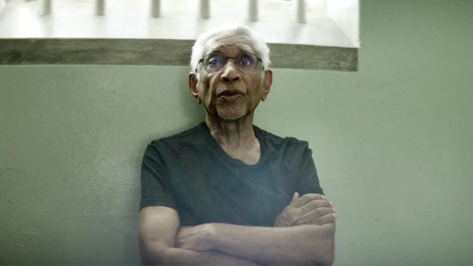 Mac Maharaj in Nelson Mandela’s jail cell, Robben Island (Courtesy of Lorton Entertainment)