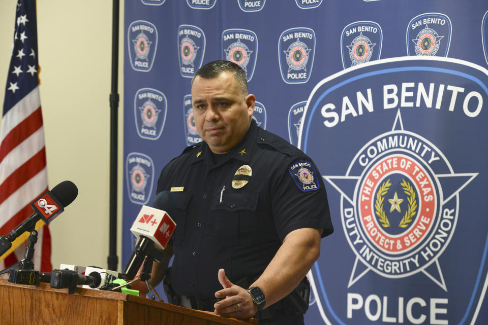San Benito, Texas Chief of Police Mario Parea answers questions during a press conference Wednesday, Oct. 18, 2023, over the fatal shooting of San Benito Police Officer Lt. Milton Resendez who served 27 years at the San Benito Police Department, in San Benito, Texas. The two suspects — Rogelio Martinez Jr., 18, of Brownsville and Rodrigo Axel Espinosa Valdez, 23, of Mexico — are facing multiple charges including capital murder, aggravated assault with a deadly weapon and evading arrest. (Miguel Roberts/The Brownsville Herald via AP)