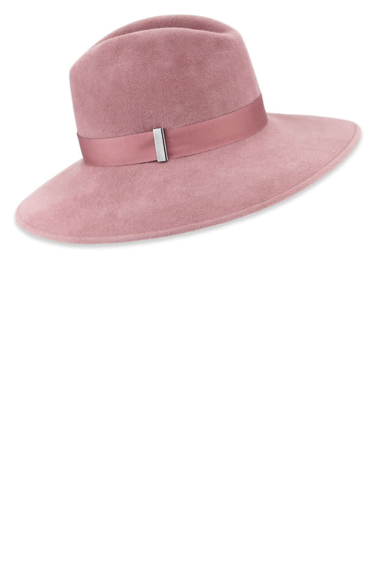 <p><strong>Gigi Burris</strong> hat, $355, <a rel="nofollow noopener" href="http://www.neimanmarcus.com/Gigi-Burris-Requiem-Handmade-Wool-Wide-Brim-Fedora-Hat-Dusty-Rose/prod188450399_cat51770734__/p.prod?icid=&searchType=EndecaDrivenCat&rte=%252Fcategory.service%253FitemId%253Dcat51770734%2526pageSize%253D120%2526No%253D0%2526Ns%253DSELLABLE_DATE%257C1%2526refinements%253D&eItemId=prod188450399&cmCat=product" target="_blank" data-ylk="slk:neimanmarcus.com;elm:context_link;itc:0;sec:content-canvas" class="link ">neimanmarcus.com</a>. </p>