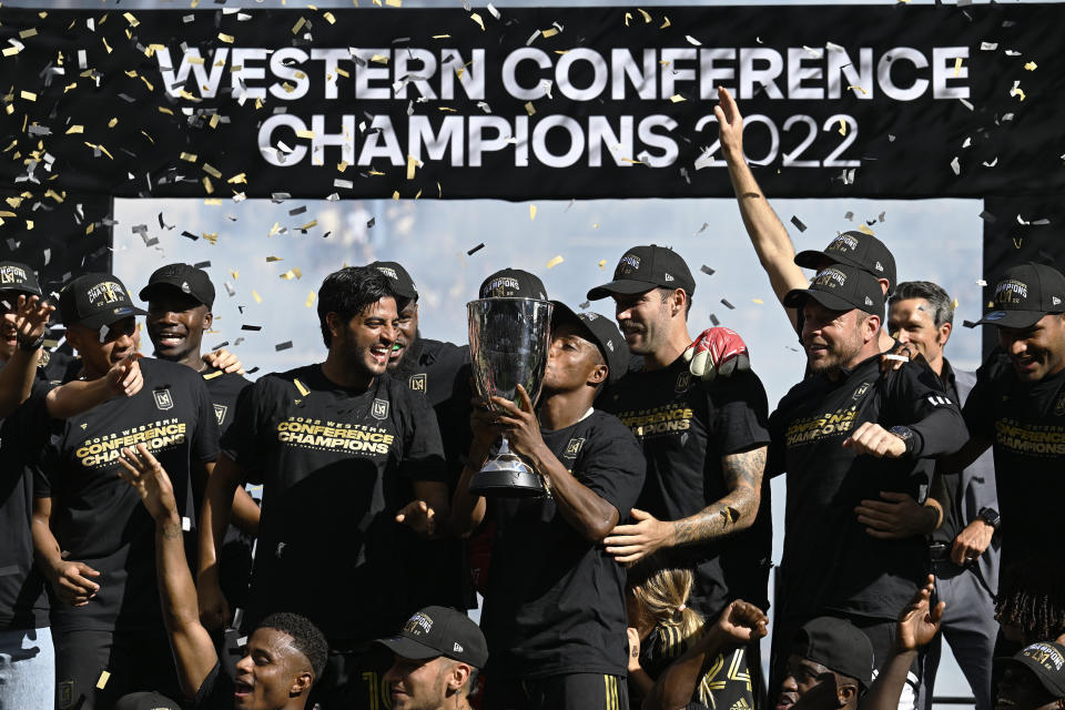 Los Angeles FC celebrates after a win over Austin FC in the MLS playoff Western Conference final soccer match Sunday, Oct. 30, 2022, in Los Angeles. (AP Photo/John McCoy)