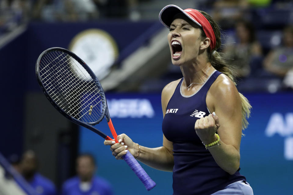 Danielle Collins, of the United States, reacts to winning the first set against Caroline Wozniacki, of Denmark, during the second round of the U.S. Open tennis tournament Thursday, Aug. 29, 2019, in New York. (AP Photo/Adam Hunger)