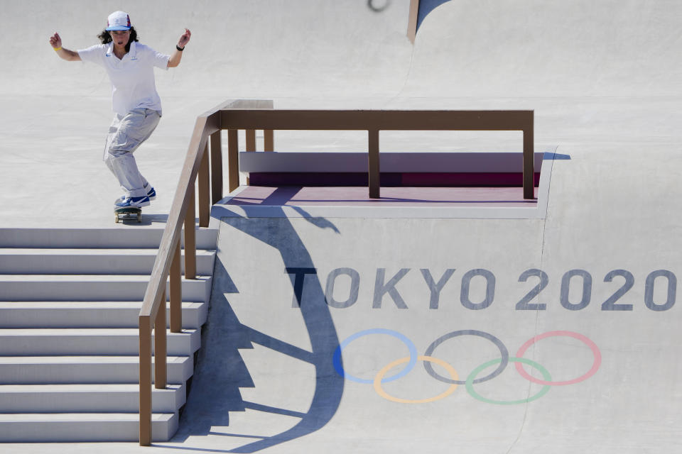 Charlotte Hym from France trains during a street skateboarding practice session at the 2020 Summer Olympics, Friday, July 23, 2021, in Tokyo, Japan. (AP Photo/Markus Schreiber)