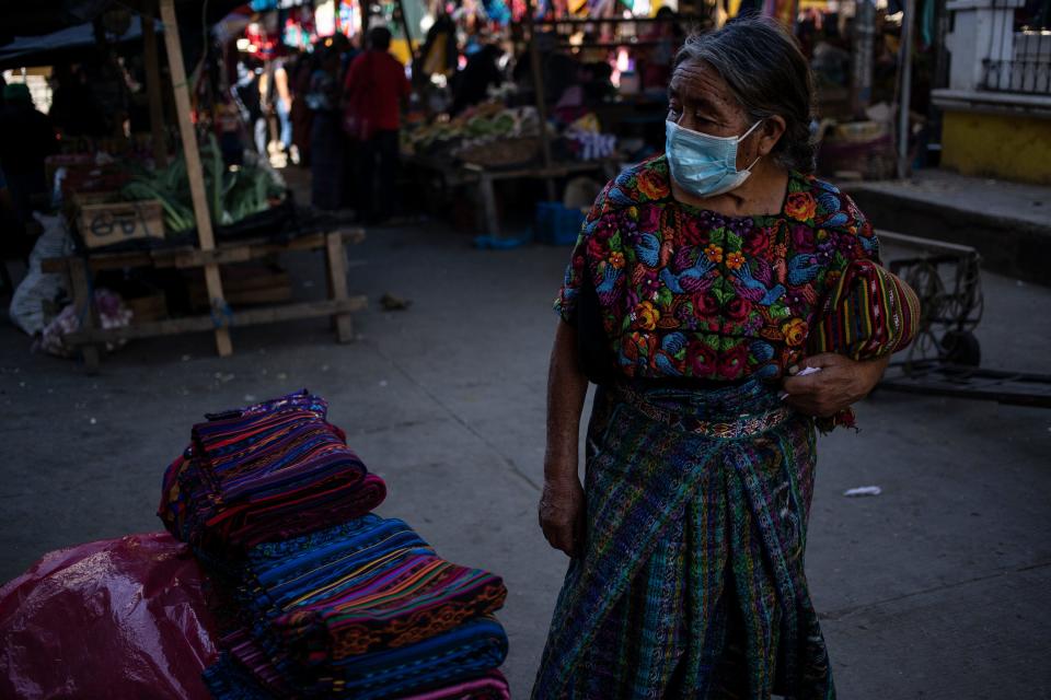 An elderly Mayan woman in downtown Comitancillo, Guatemala.