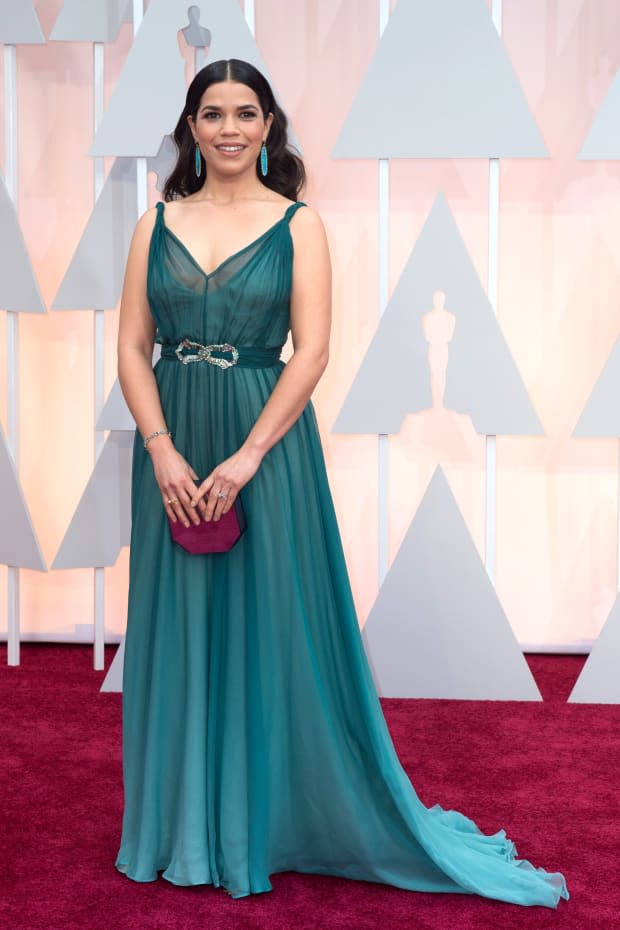 <p>Ferrera looked like she was floating on air in an elegant ombré chiffon Jenny Packham dress with a silver belt twisted straps that gave it a Grecian touch. She lent her voice to <em>How to Train Your Dragon 2, </em>nominated for Best Animated Feature Film (the award went to <em>Big Hero 6</em>).</p>