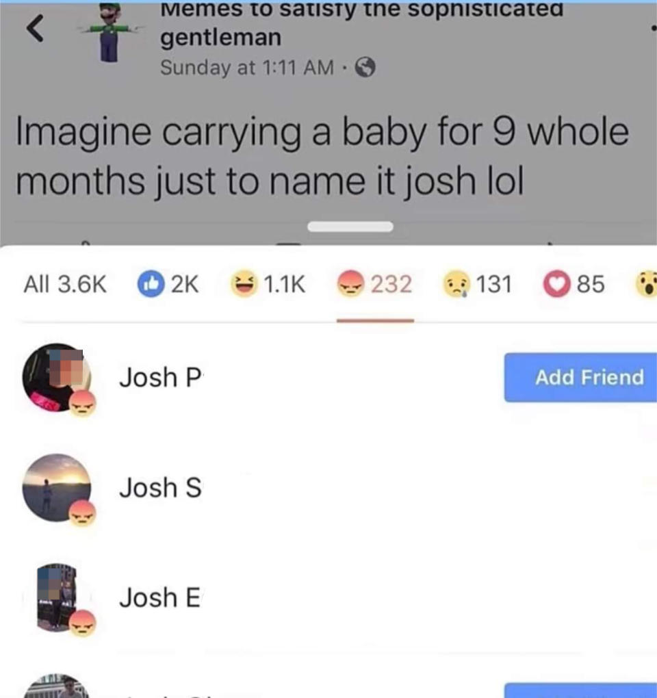 Facebook meme post with caption: "Imagine carrying a baby for 9 whole months just to name it josh lol" and comments from users named Josh Paterson, Josh Small, and Josh Edwards