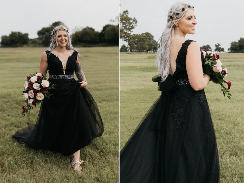 A front and back shot of a bride walking through a field in a black dress carrying a bouquet of flowers.