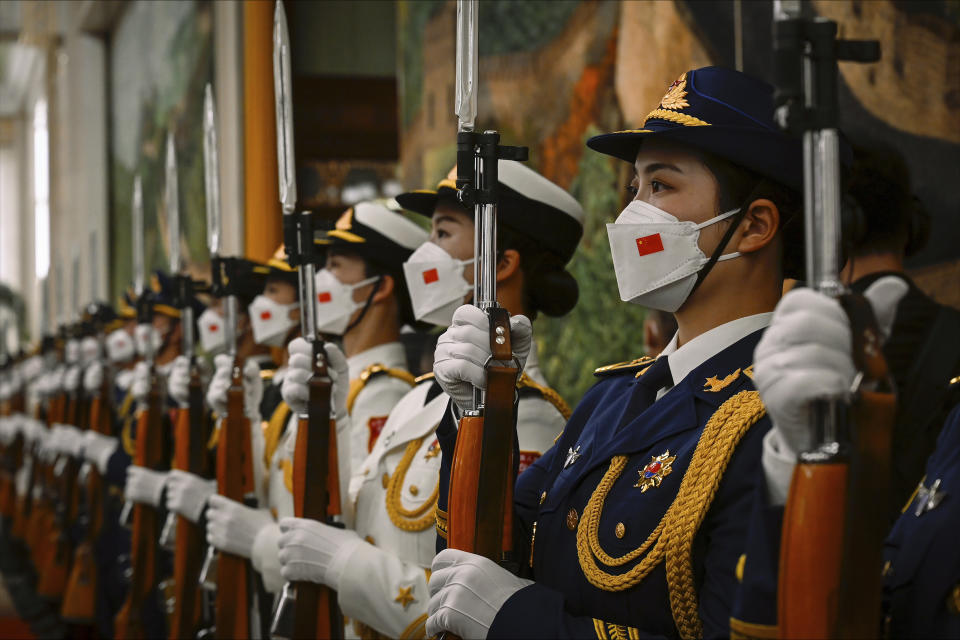 Chinese honor guards prepare for the arrival of Palestinian President Mahmoud Abbas and China's President Xi Jinping at the Great Hall of the People in Beijing Wednesday, June 14, 2023. (Jade Gao/Pool Photo via AP)