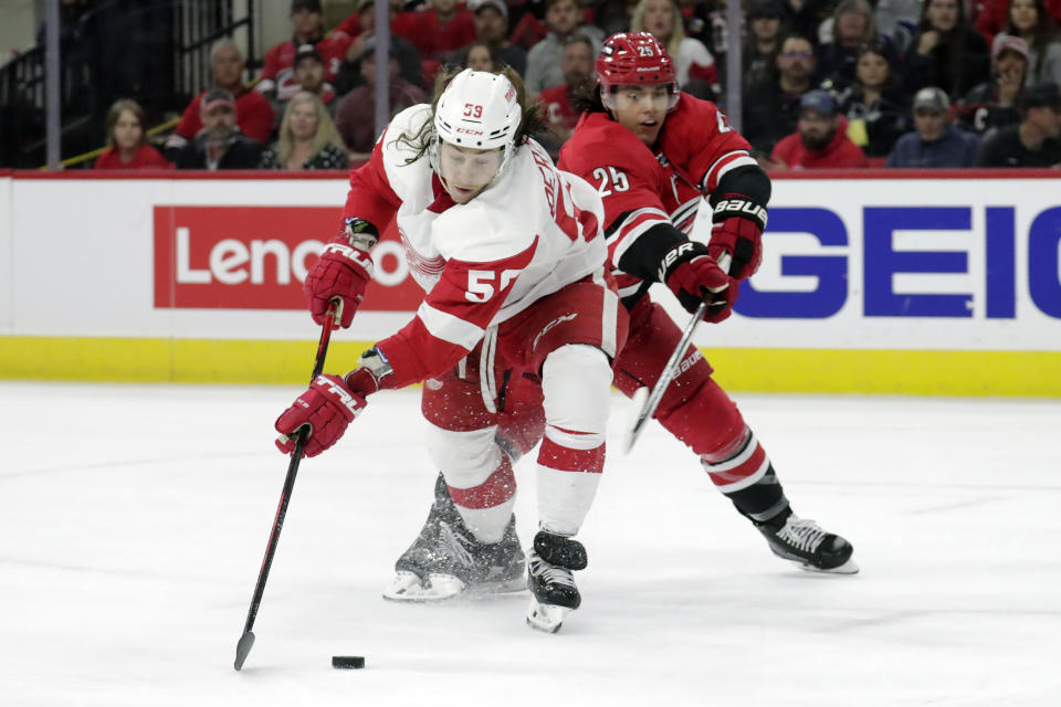 Detroit Red Wings left wing Tyler Bertuzzi (59) tries to evadeCarolina Hurricanes defenseman Ethan Bear (25) as he handles the puck during the first period of an NHL hockey game Thursday, April 14, 2022, in Raleigh, N.C. (AP Photo/Chris Seward)