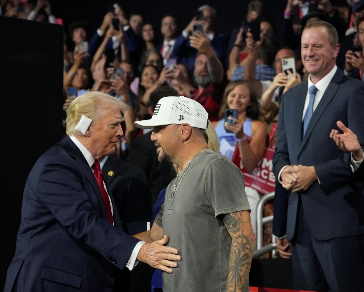 Republican presidential candidate Donald Trump with Jason Aldean on the final day of the Republican National Convention at the Fiserv Forum. On the final day of the RNC, Republican presidential candidate Donald Trump delivered a keynote speech.