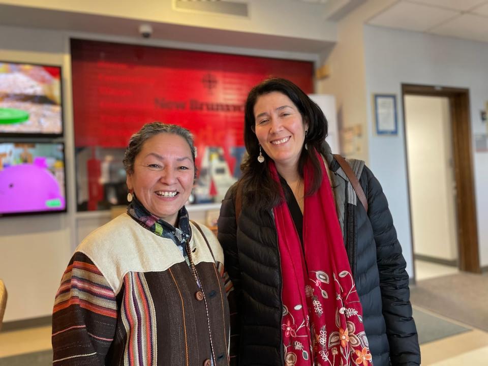 Miigam’agan, left, said hearing how she encouraged Simon, right, to speak in her language is inspiring. The pair are organizers for a language revitalization conference. 