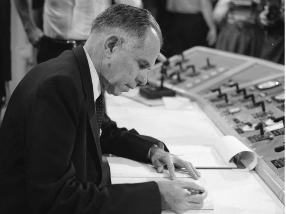 Glenn Seaborg at the controls of the Molten Salt Reactor Experiment at Oak Ridge National Laboratory in 1965 when it was started up as the first reactor to operate on uranium-233 fuel.