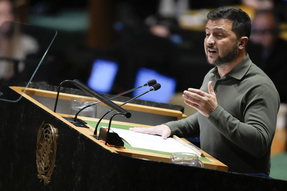 El presidente ucraniano Volodymyr Zelenskyy en la Asamblea General de la ONU en la sede del organismo mundial en Nueva York, el 19 de septiembre de 2023. . (Foto AP /Mary Altaffer)