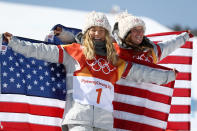 <p>(L-R) Gold medalist Chloe Kim of the United States and bronze medalist Arielle Gold of the United States pose during the victory ceremony for the Snowboard Ladies’ Halfpipe Final on day four of the PyeongChang 2018 Winter Olympic Games at Phoenix Snow Park on February 13, 2018 in Pyeongchang-gun, South Korea. (Photo by Clive Rose/Getty Images) </p>