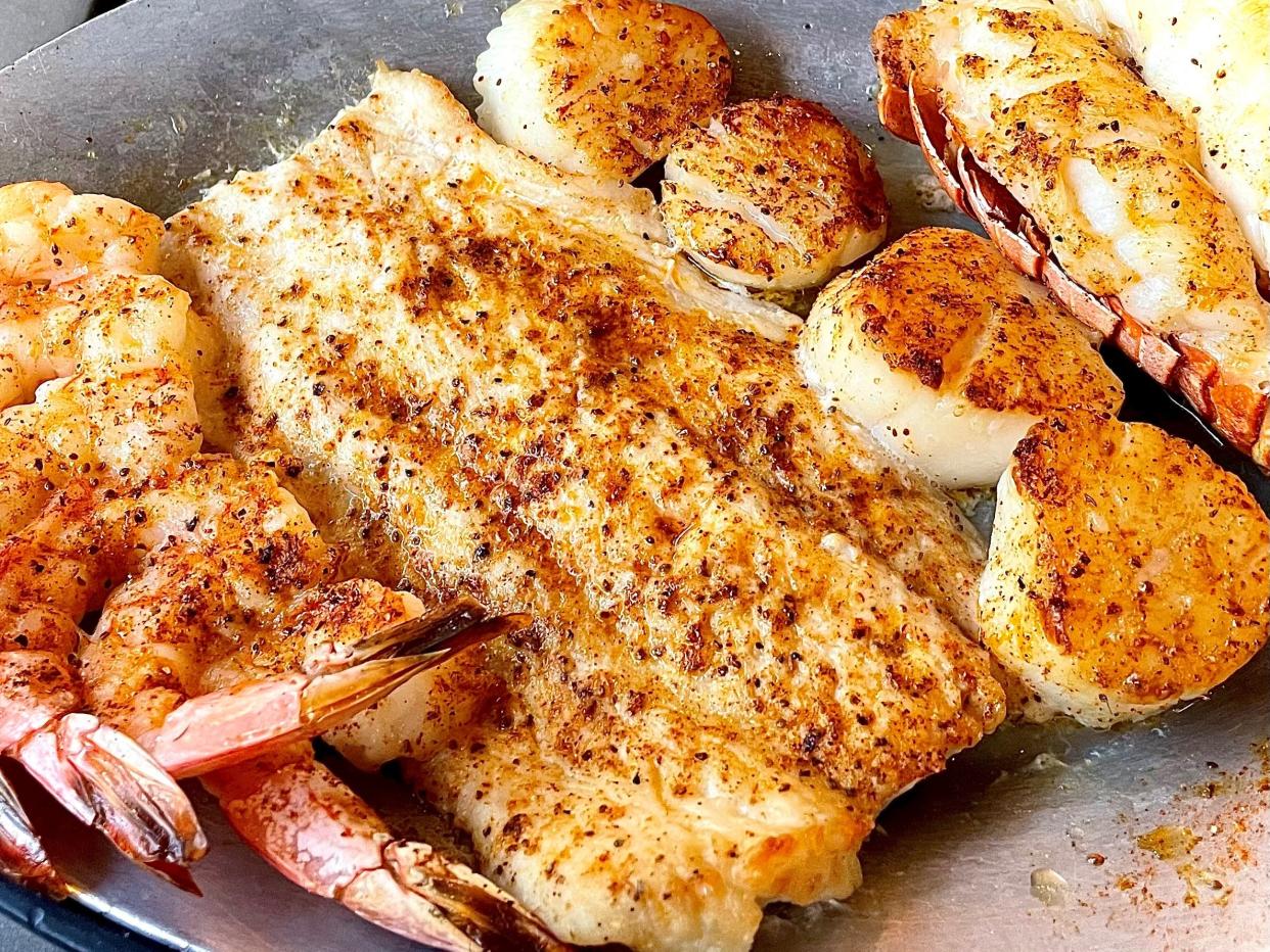 East Coast white shrimp, New England sea scallops, lobster tail and black tip shark from Hull's Seafood Restaurant in Ormond Beach.