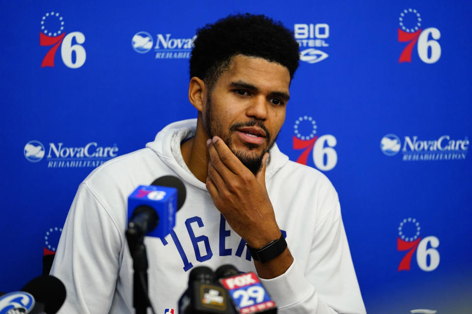 Philadelphia 76ers' Tobias Harris speaks to the media after practice at the NBA basketball team's facility, Sunday, Oct. 17, 2021, in Camden, N.J. (AP Photo/Matt Slocum)