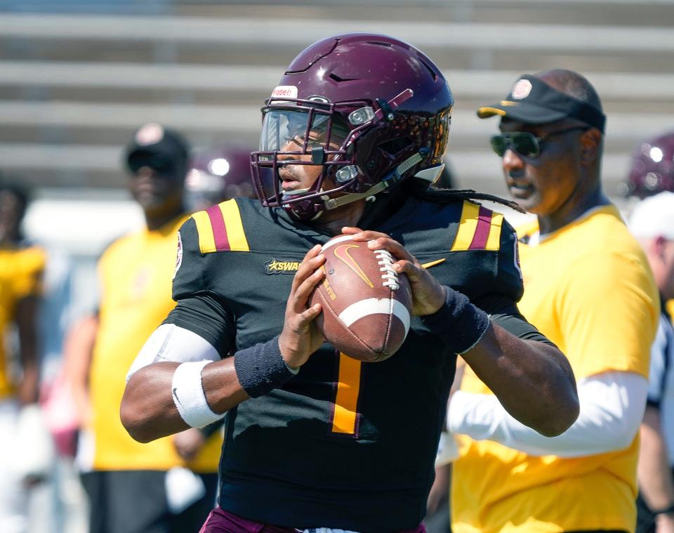 Bethune-Cookman QB Cam'Ron Ransom prepares to throw during the Wildcats' spring football game at Daytona Stadium, Saturday, April 20, 2024.