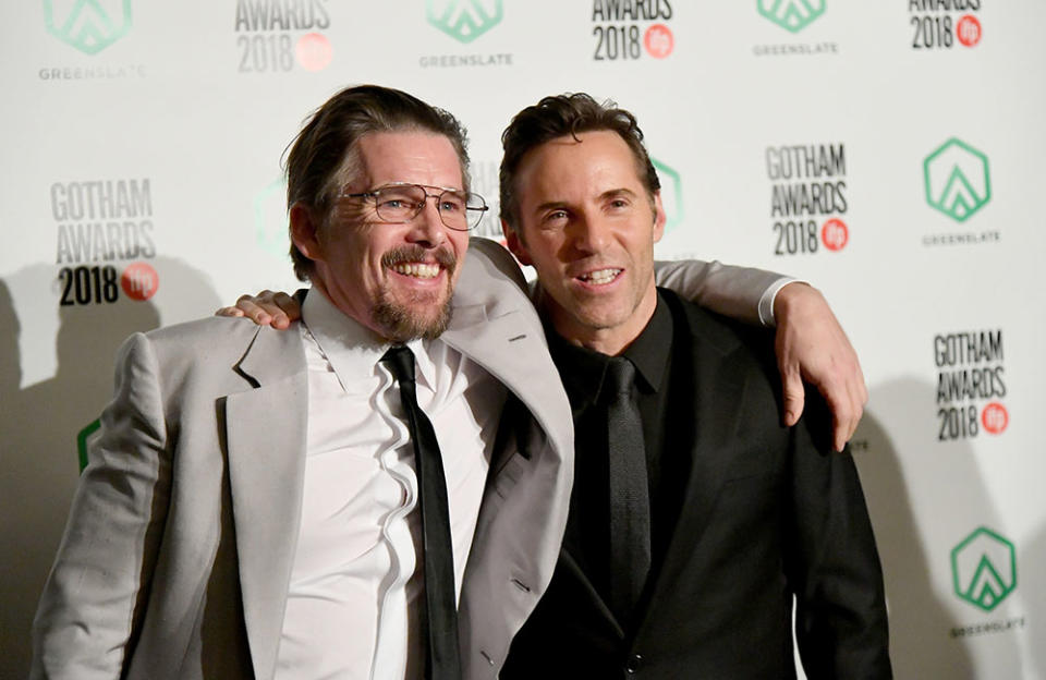 Ethan Hawke and Alessandro Nivola pose backstage durinig IFP's 28th Annual Gotham Independent Film Awards at Cipriani, Wall Street on November 26, 2018 in New York City.