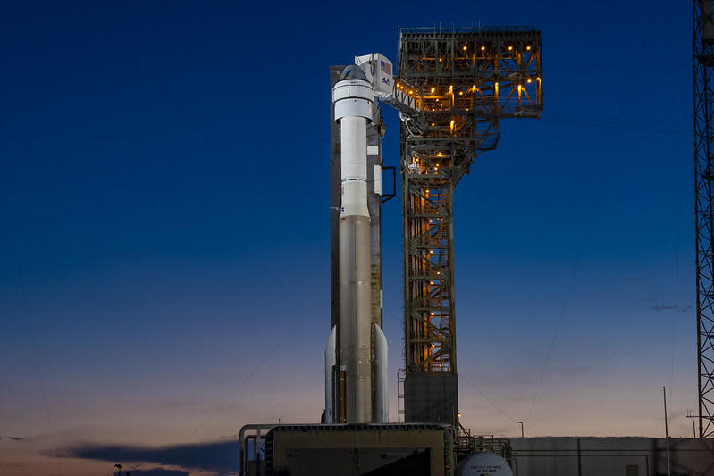 In a dramatic sunset Sunday shot, the Atlas 5 rocket and Starliner crew capsule stand poised for launch at the Cape Canaveral Space Force Station, all systems 'go' for the spacecraft's first piloted test flight to the International Space Station. / Credit: United Launch Alliance