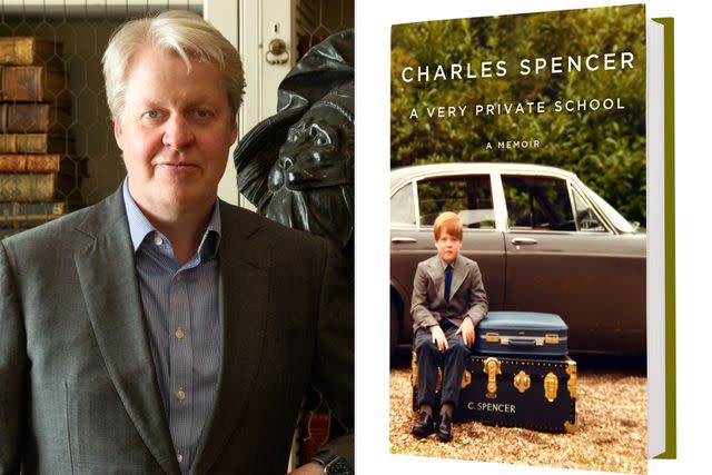 <p>Ian Greeland; Simon and Schuster</p> Charles Spencer in 2021 at his ancestral home, Althorp (left). Right: His new memoir, 'A Very Private School'