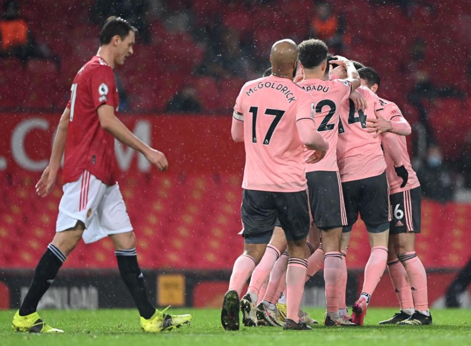 Sheffield United celebrate scoring against Manchester United (Getty Images)