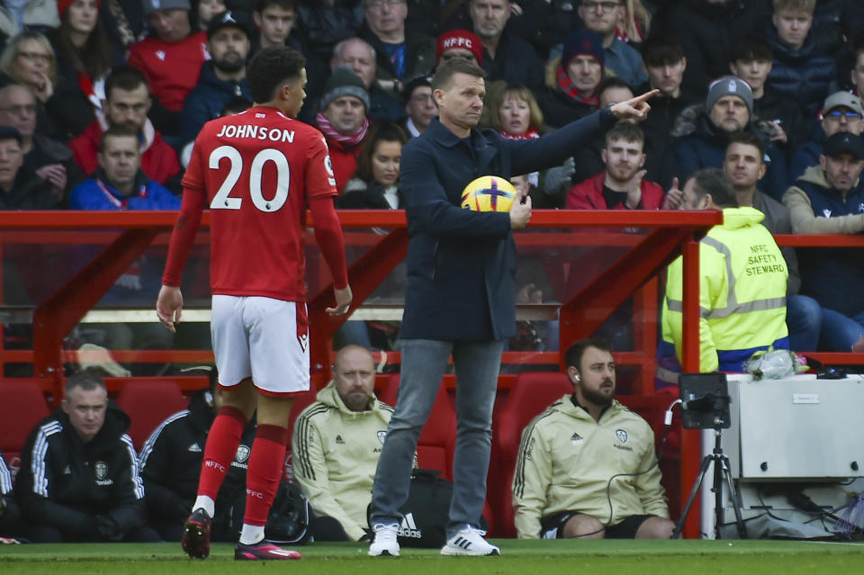 Leeds United's head coach Jesse Marsch points during the English Premier League soccer match between Nottingham Forest and Leeds United at City Ground stadium in Nottingham, England, Sunday, Feb. 5, 2023. (AP Photo/Rui Vieira)