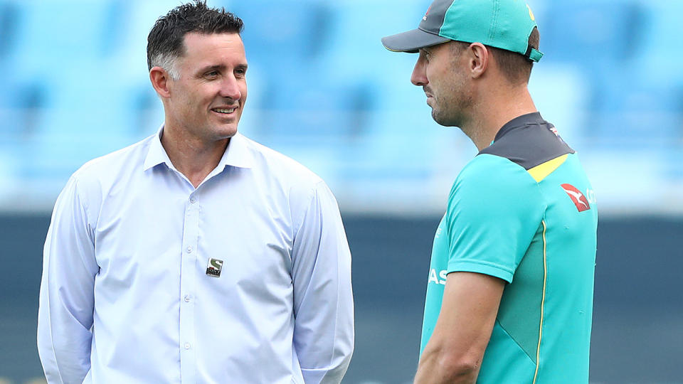 Mike Hussey, pictured here with Shaun Marsh during the first Test between Australia and Pakistan in 2018.