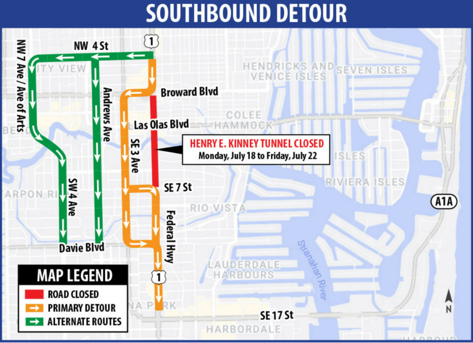 Posibles desvíos en caso de cierre de Henry E. Kinney Tunnel en el centro de Fort Lauderdale.