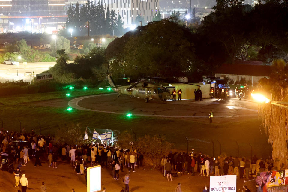 A helicopter carrying hostages released as part of a deal between Israel and Palestinian Islamist group Hamas arrives at Schneider Children's Medical Center in Petah Tikva, Israel, November 24, 2023. REUTERS/Ronen Zvulun