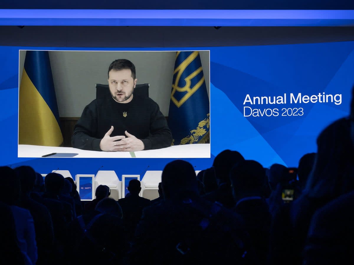Volodymyr Zelensky addresses the World Economic Forum (WEF) at Davos by video on Wednesday (AFP via Getty Images)