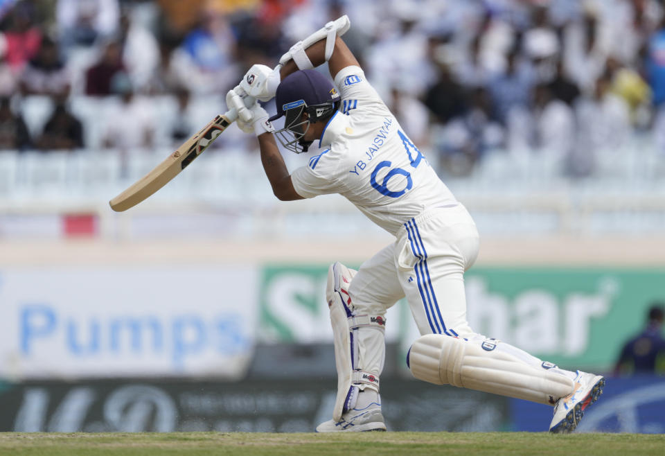 India's Yashasvi Jaiswal plays a shot on the second day of the fourth cricket test match between England and India in Ranchi, India, Saturday, Feb. 24, 2024. (AP Photo/Ajit Solanki)