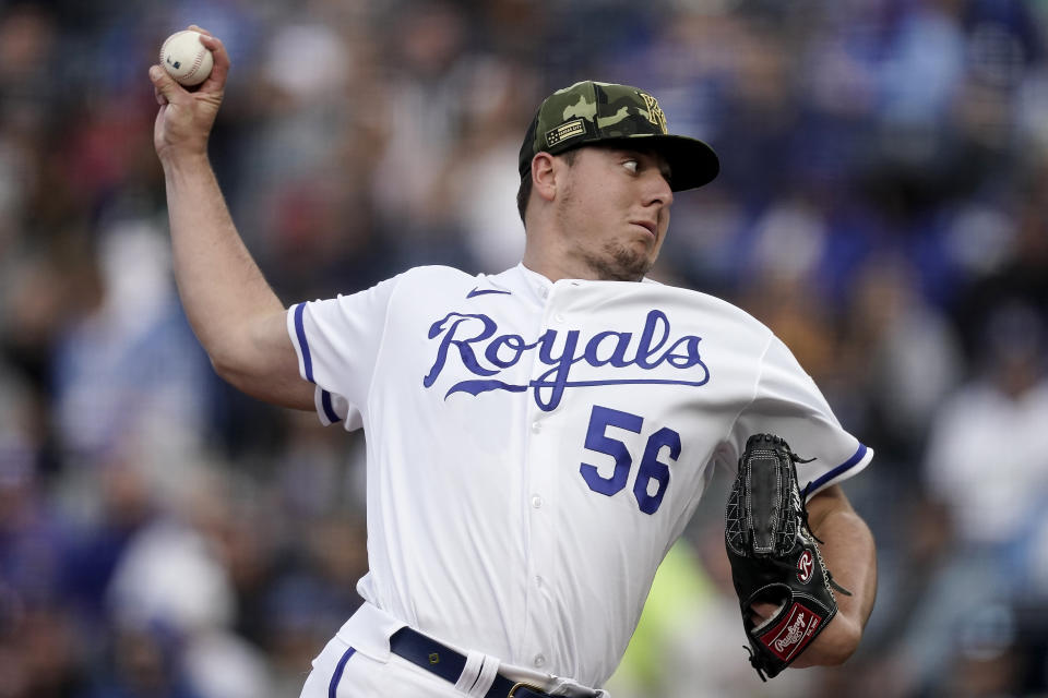 Kansas City Royals starting pitcher Brad Keller throws during the second inning of a baseball game against the against the Minnesota Twins Saturday, May 21, 2022, in Kansas City, Mo. (AP Photo/Charlie Riedel)