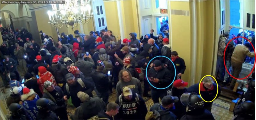 FBI investigation photos of Daniel Hatcher (circled in yellow) from the Jan. 6, 2021, riot at the U.S. Capitol.